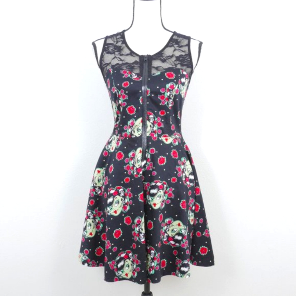 Jaw Breaker Black Rose Zombie Girl Print Lace Zip Front Size Small Goth Dress